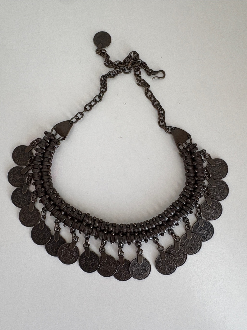 Free People Dark Gunmetal Coin Fringe Bib Necklace